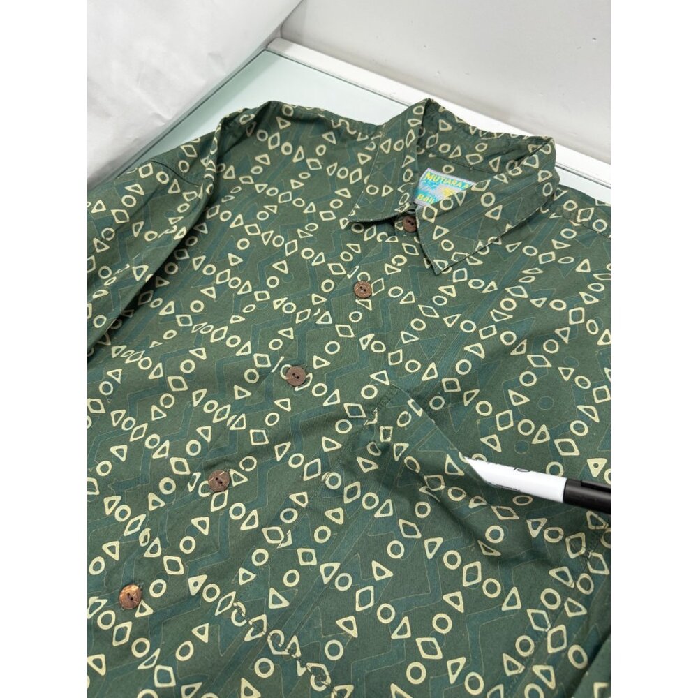 Mutiara Art Bali Men Shirt Lightweight Button Up Geometric Long Sleeve Green XL - Picture 4 of 5